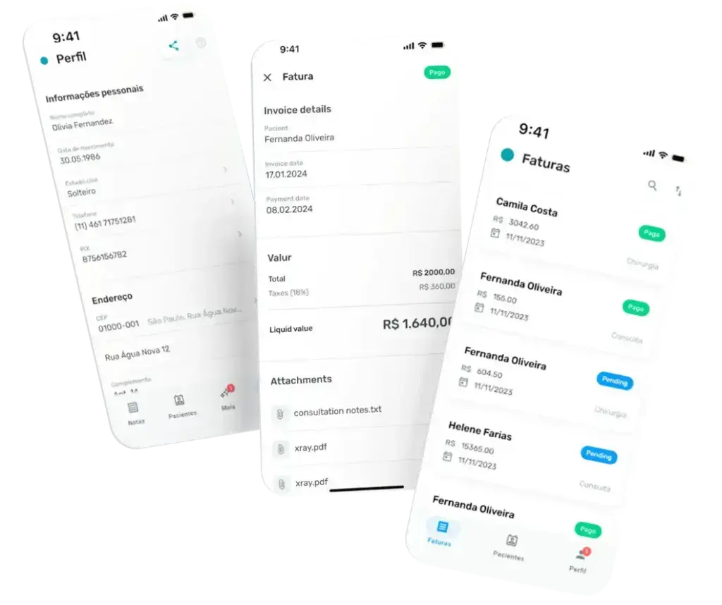 Telas do app adm.doctor mostrando notas fiscais, impostos e repasses
